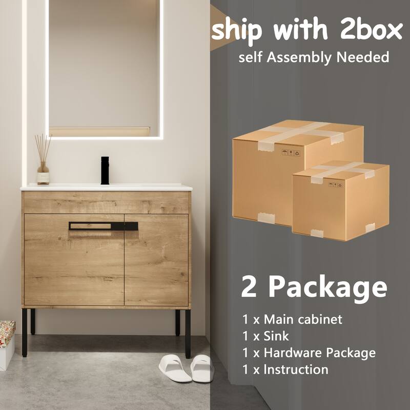 Bathroom Vanity with Ceramic Sink, Soft-Close Doors, Adjustable Shelf, Eco-Friendly Plywood - 36in L Plywood