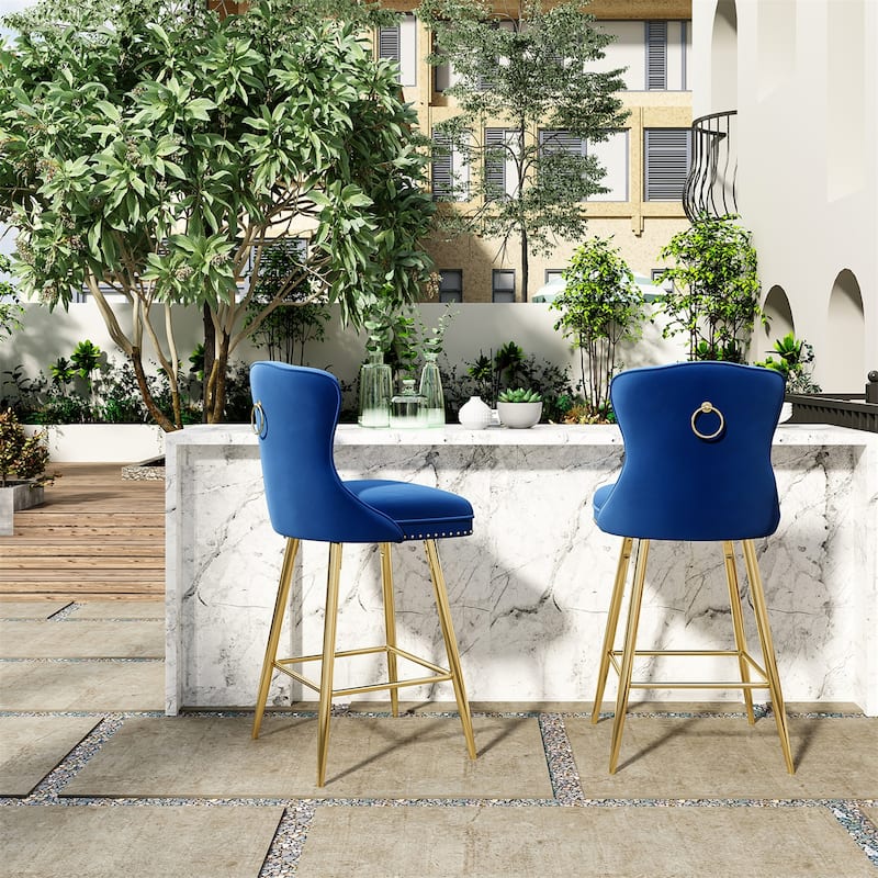 Velvet Bar Stools with Metal Legs, Button Tufted and Nailheads Trim (Set of 2)