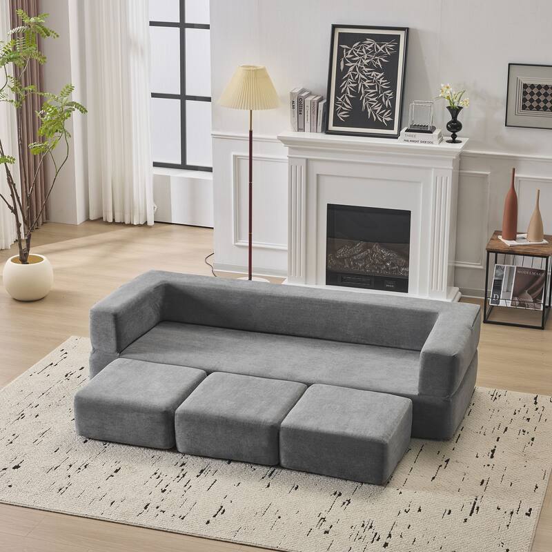 79.14" Chenille 3-Seater Sofa, Foldable Play Mat and Removable Cover