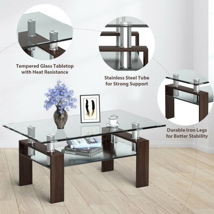Rectangle Glass Table with Metal Legs for Living Room - 39" x 23.5" x 17.5"