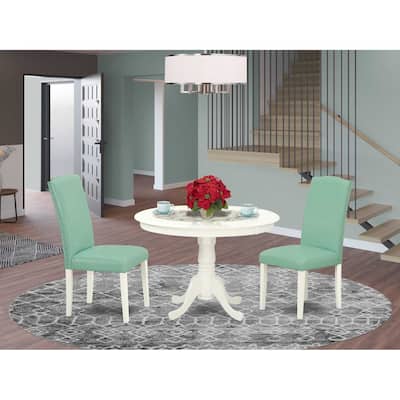 Round Dining Table Set 3pc - 42" Table & 2 Parsons Chairs - Modern PU Leather & Linen White Legs