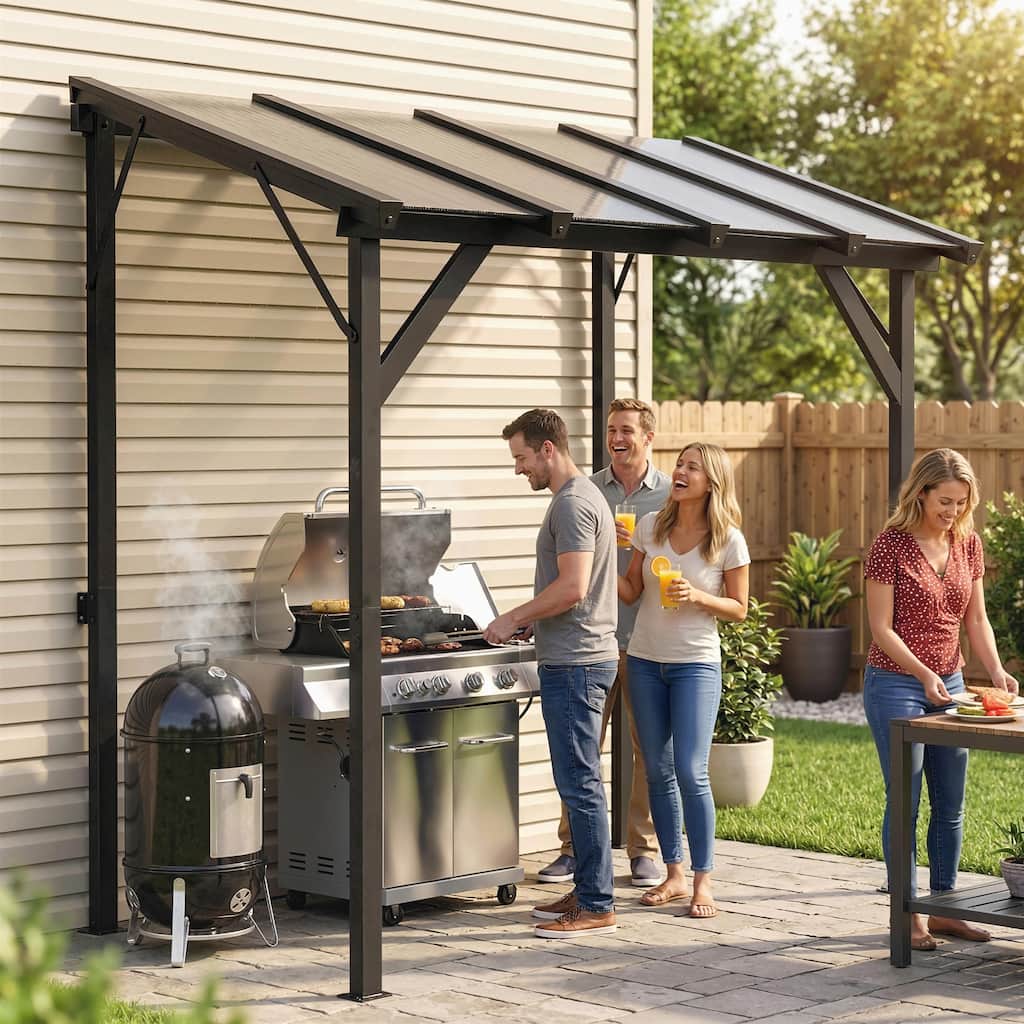 Outsunny 8' x 5' Hardtop Grill Gazebo, Lean-to BBQ Gazebo Shelter, Wall-Mounted Pergola with Polycarbonate Roof and Steel Frame