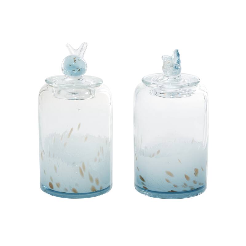 Blue Glass Handmade Shell Living Room Decorative Jars with Whale and Seashell Tops (Set of 2) - 5 x 5 x 9