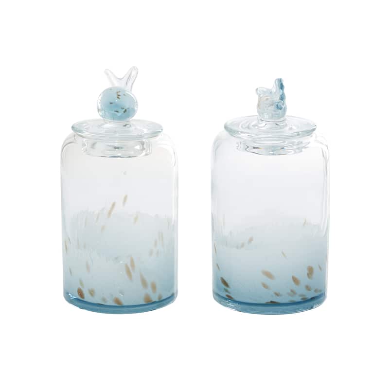 Glass Shell Handmade Decorative Jars with Whale and Seashell Tops - Set of 2 Blue - Roche River Decor - 5"W x 5"L x 9"H