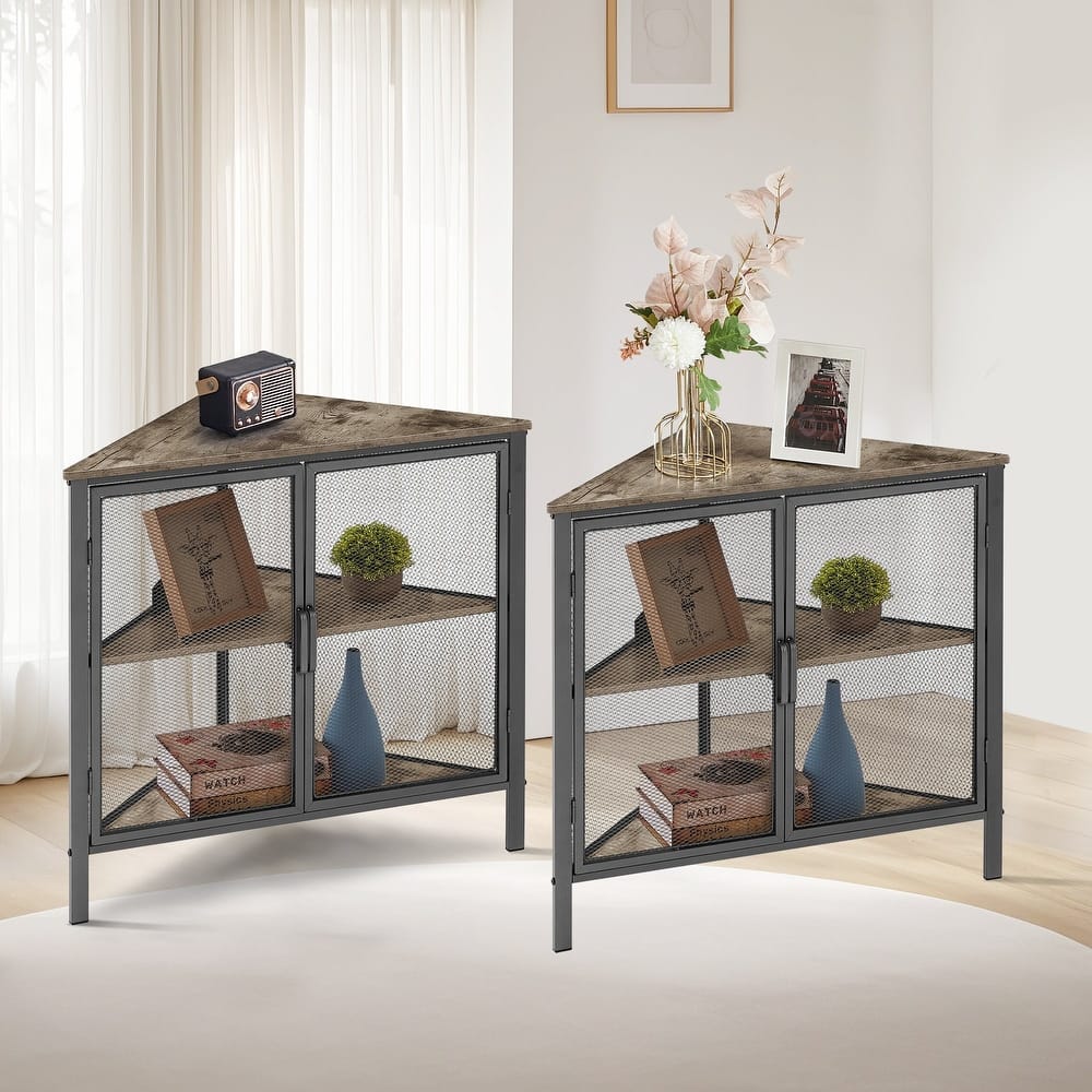 VECELO 2-Piece Triangle Corner Storage Cabinet Set 3-Tier Metal Frame Nightstands with Mesh Doors & MDF Top Set of 2