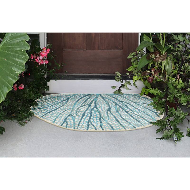 Liora Manne Esencia Coral Fan Indoor/Outdoor Mat Aqua 3'3"x3'3" - 3'3" x 2'1" 1/2 ROUND - Aqua