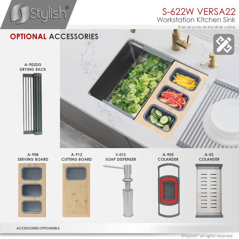 STYLISH 22 inches Workstation Single Bowl Undermount 16 Gauge Stainless Steel Kitchen Sink with Built in Accessories Handmade