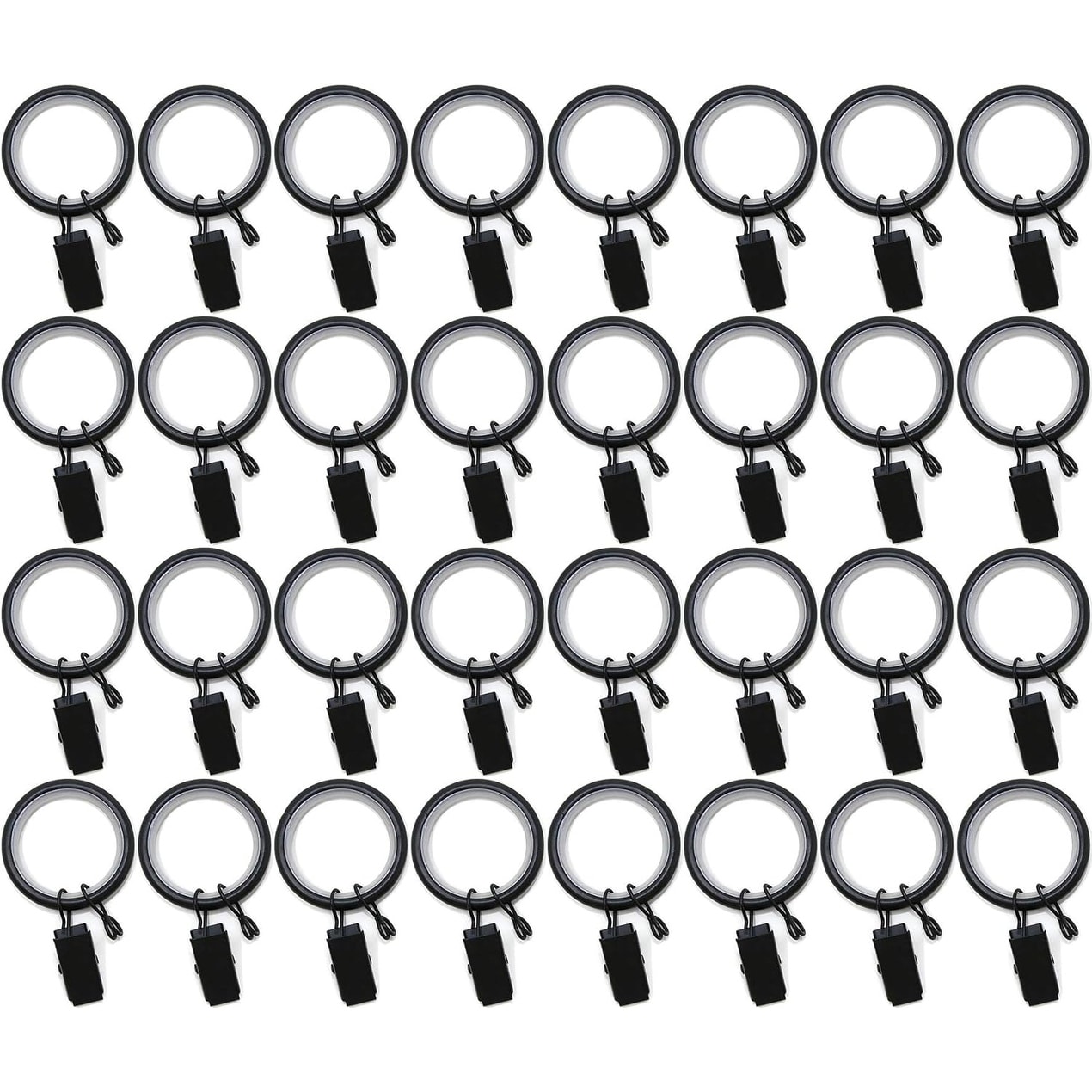 32PCS 1.25" Drapery Curtain Rod Rings for 1" Rod with Clips, Eyelets and Nylon Inserts