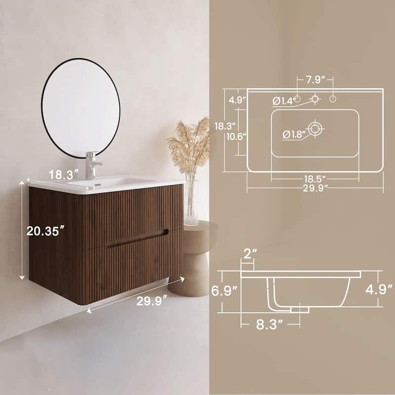 Emma 30 inch Wall-Mounted Bathroom Vanity Set with Integrated Ceramic Sink - 30"x18"x20"