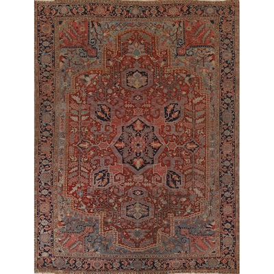 Pre-1900 Antique Heriz Serapi Persian Rug Vegetable Dye Wool Carpet - 8'5"x 11'1"