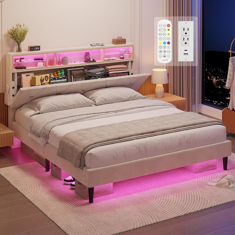 Bed Frame Storage Headboard RGB LED Lights Upholstered Platform - Beige - Queen