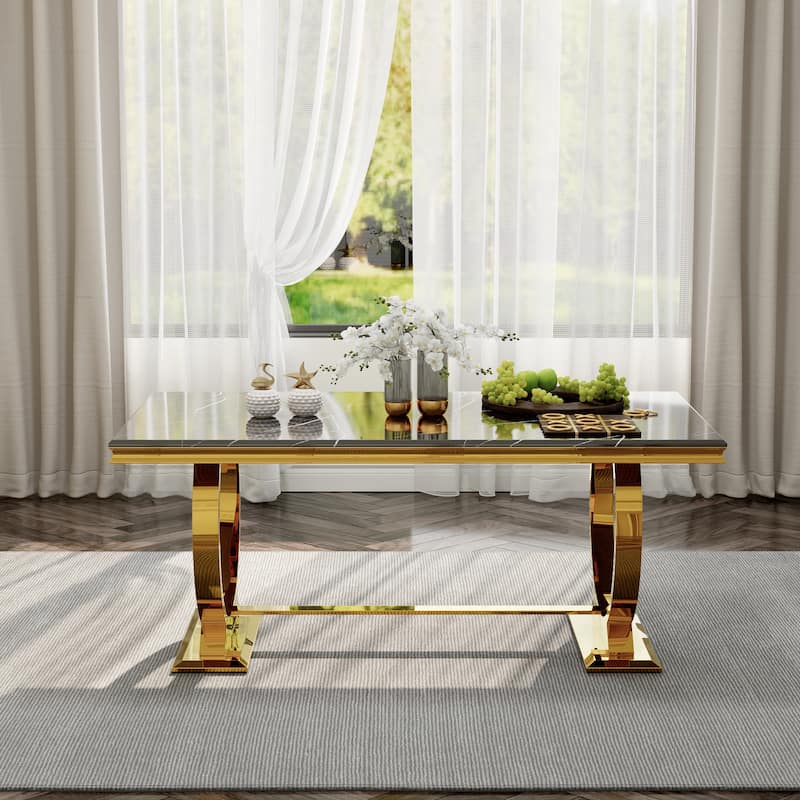 White and Gold Dining Room Table Set with 72 inch Table and White PU Leather Dining Chairs