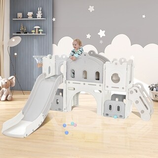 Toddler Slide Set, Kids Slide Playset Structure Castle Climber w/Basketball Hoop, Toy Storage Organizer, Kids Climbers Playhouse