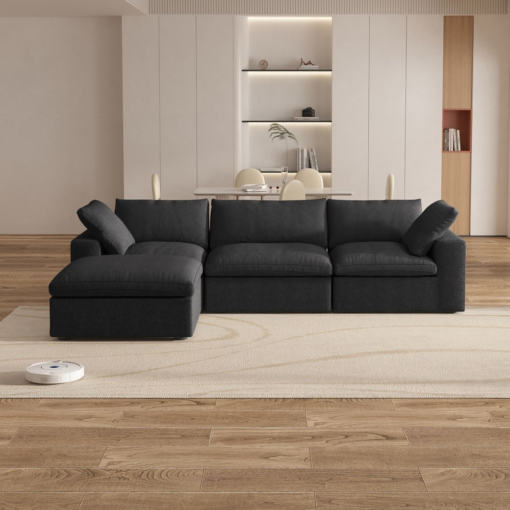 Modern Down Filled Modular 4 Piece Sectional Sofa L-shape Linen Upholstered Couch with Storage Ottoman