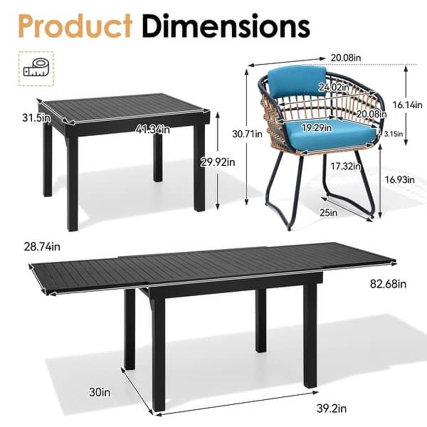 dimension image slide 0 of 6, 7/11PC Outdoor Aluminum Expandable Patio Dining Sets Extension Table with Rattan Chair