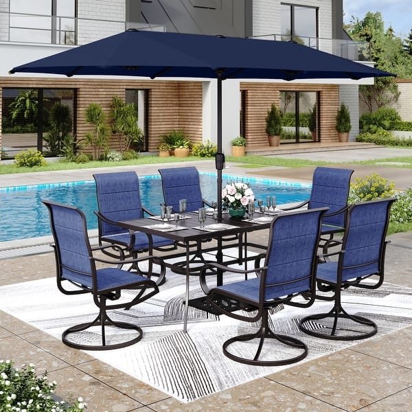 blue umbrella patio dining 7-Piece Set with Swivel Chairs PHI VILLA Dining Set with elegant and classic black design brings unique aesthetic perception to patios Summit Living Navy Blue Patio