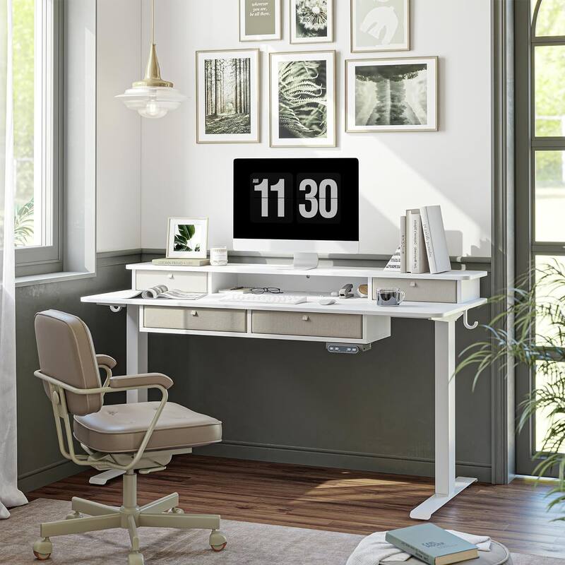 FEZIBO Sturdy Height Adjustable Electric Standing Desk with Drawers, Stand Up Table with Large Storage Shelf, Sit Stand Desk - White - 24"D x 48"W x 27"H
