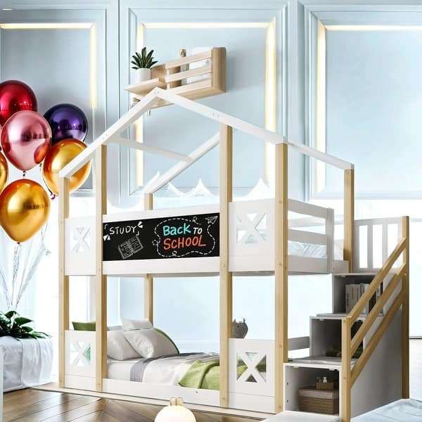 slide 2 of 11, House Bunk Bed with White Storage Staircase and Blackboards, Twin Over Twin White