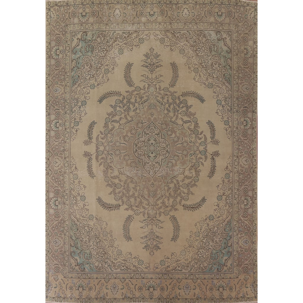 Beige Tabriz Persian Vintage Area Rug Hand-knotted Wool Carpet - 9'5" x 11'10"