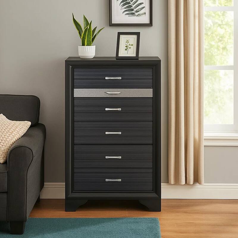Two Tone Wooden Chest With Six Drawers, Black And Silver