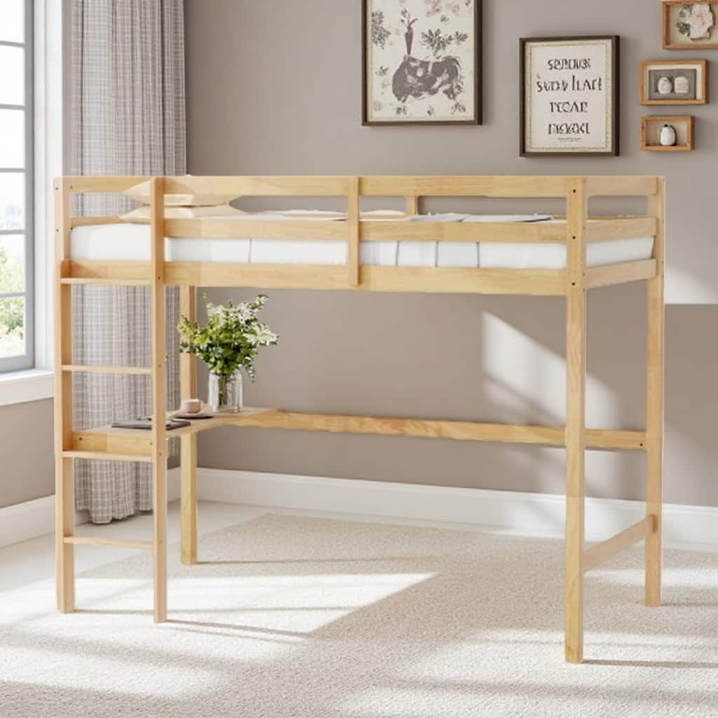 Twin High Loft Bed with Built-in Desk, Safety Guardrails, Ladder, and Rubber Wood Frame