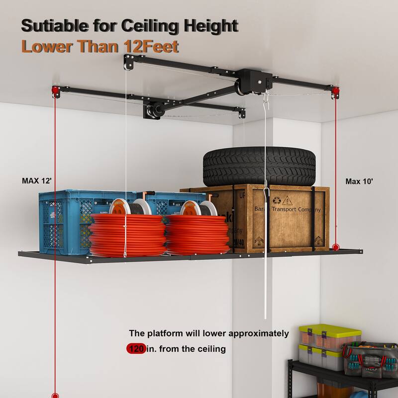 Roomfitters Overhead Garage Storage Rack 3x6 FT, Crank Down Ceiling Organizer for 10-12 FT Garages, 270lb Lift, White