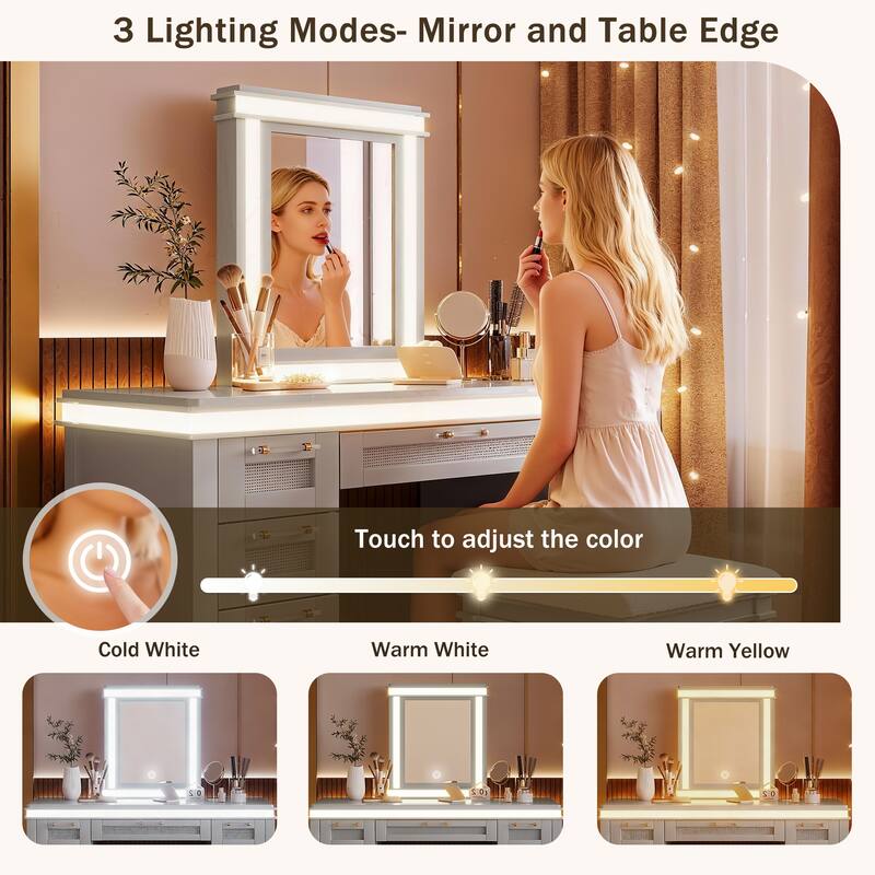 48" Vanity Desk with Mirror and Lights, Makeup Vanity with 7 Drawers and Cushioned Stool, with Hollow Design Drawer