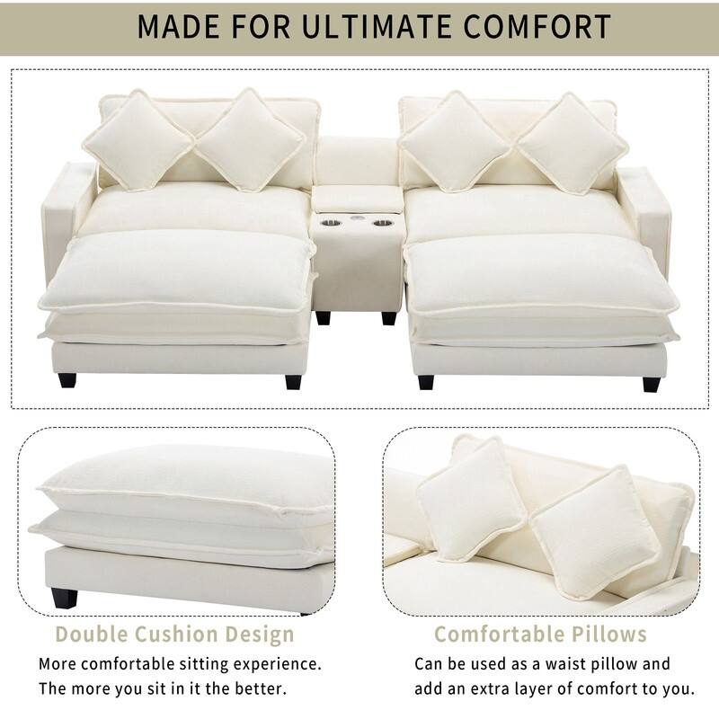 112.6 "Chenille Upholstered Sofa, Two Removable Ottomans, Two USB Ports