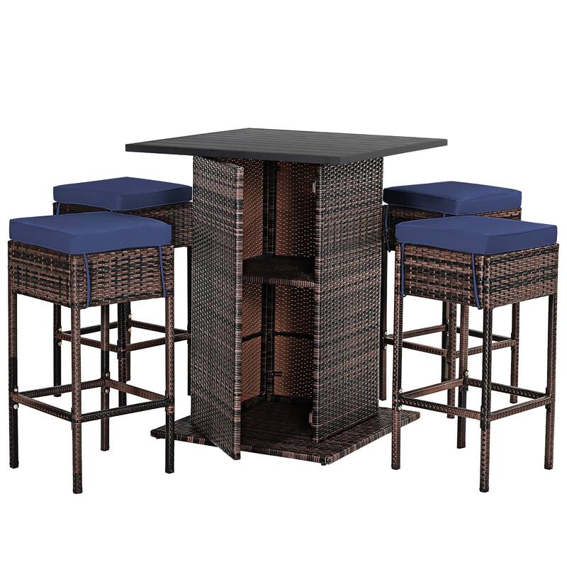 Costway 5PCS Patio Rattan Bar Table Stool Set Hidden Storage Shelf