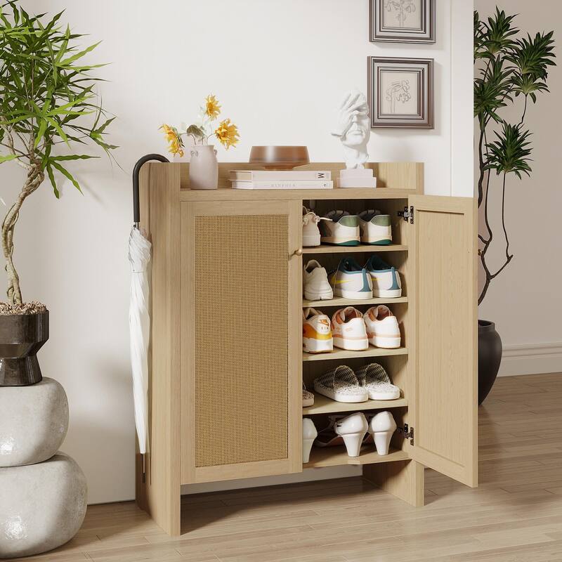 Anmytek Walnut Rattan Shoe Cabinet with Doors and 6 Tier Adjustable Shelves Wooden Entryway Shoe Organizer