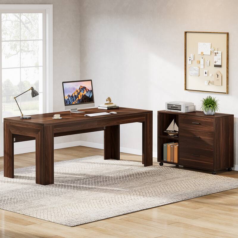 63" L Shaped Executive Office Desk with Mobile Lateral File Cabinet