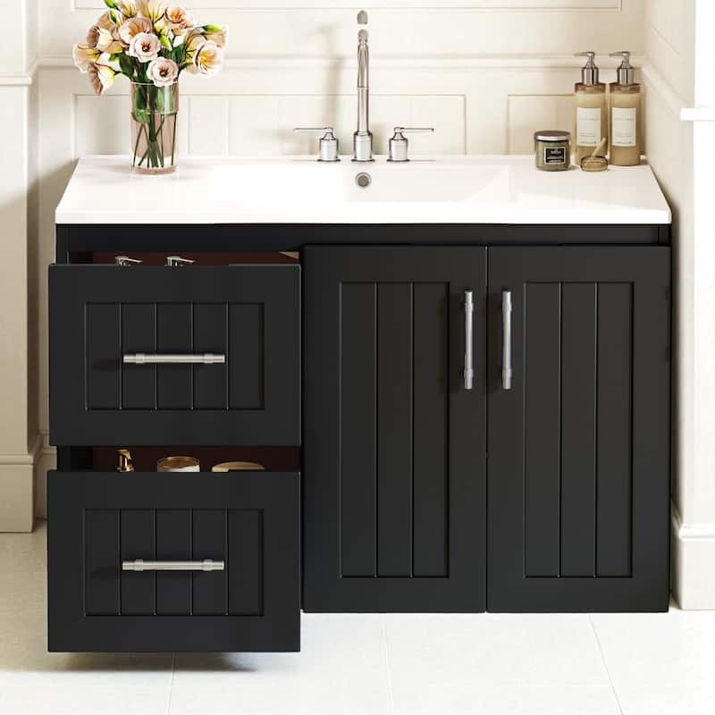 36" Wall Mounted Bathroom Vanity with Ceramic Sink, 2 Drawers, Adjustable Shelf and Floating Storage Cabinet