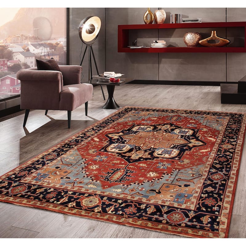 Pasargad Home Serapi Hand-Knotted Rust/Navy Wool Area Rug