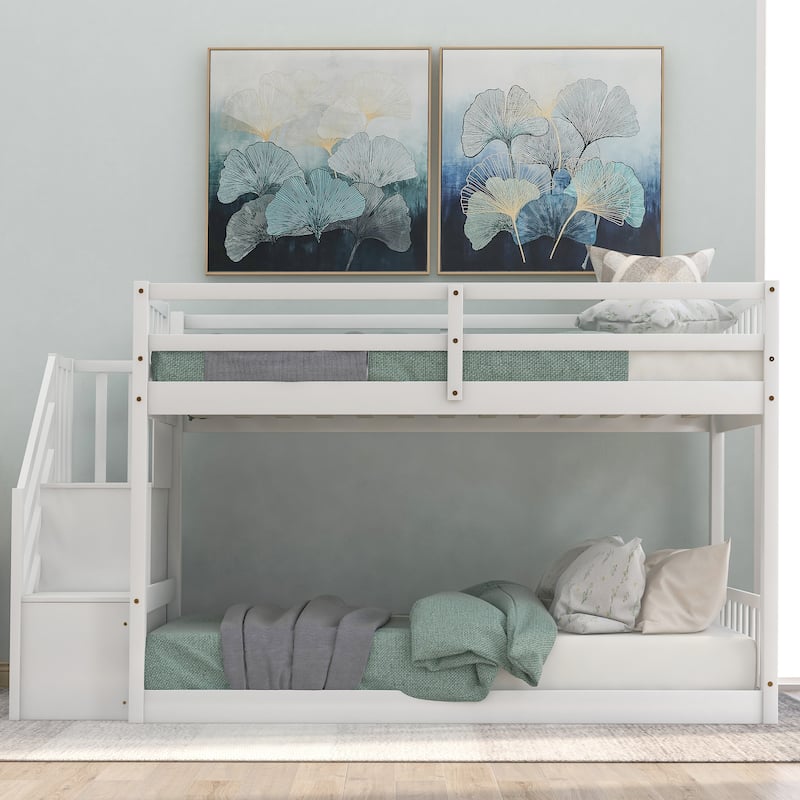 Twin Over Twin Floor Bunk Bed with Ladder & Storage, Solid Wood Low Bunk Bed Frame with Safety Guardrails for Small Bedrooms