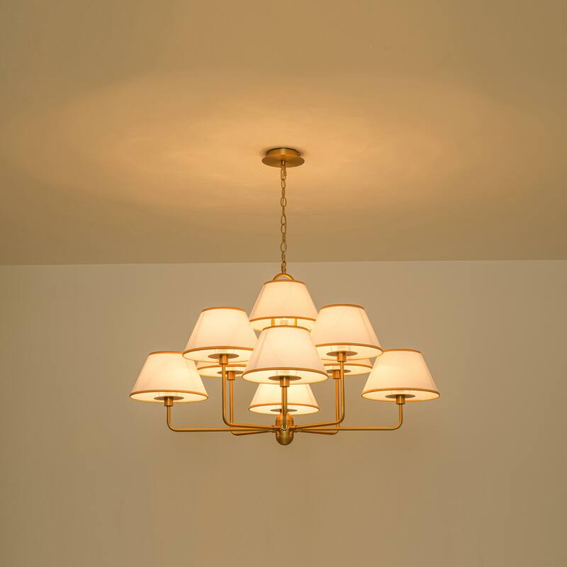 Rennnsan 9-Light Vintage Gold Linen Shade Chandelier for Dining & Living Spaces - 47.3 in. W x 25 in. H