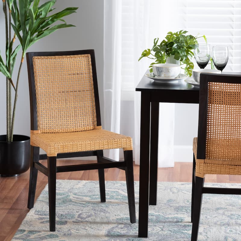 Lingga Modern Bohemian Dark Brown Mahogany Wood and Natural Rattan Dining Chair