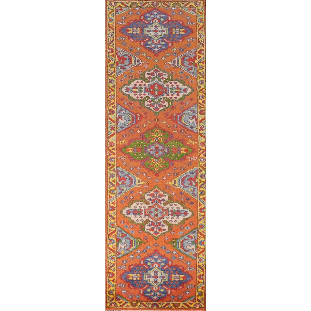 Orange Heriz Serapi Indian Runner Rug Handmade Geometric Wool Carpet - 2'6" x 9'11"