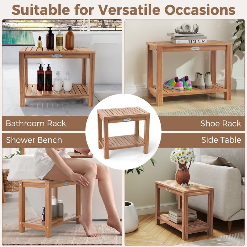 Gymax 24 Inch Teak Wood Shower Bench Inside Shower Stool w/ Storage
