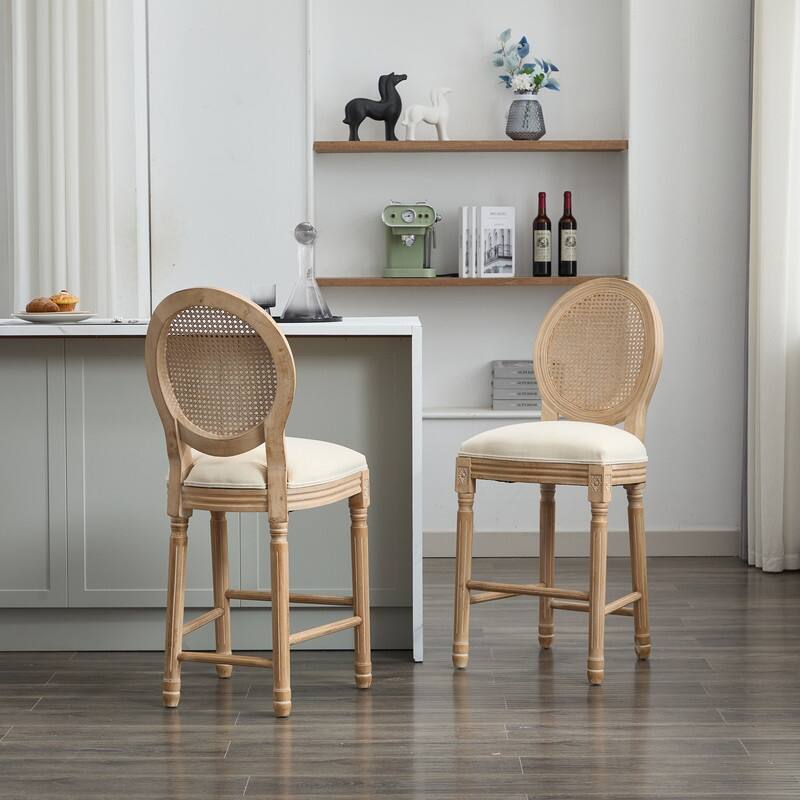 Classic French Wooden Bar Stools with Upholstered Seating Set of 2