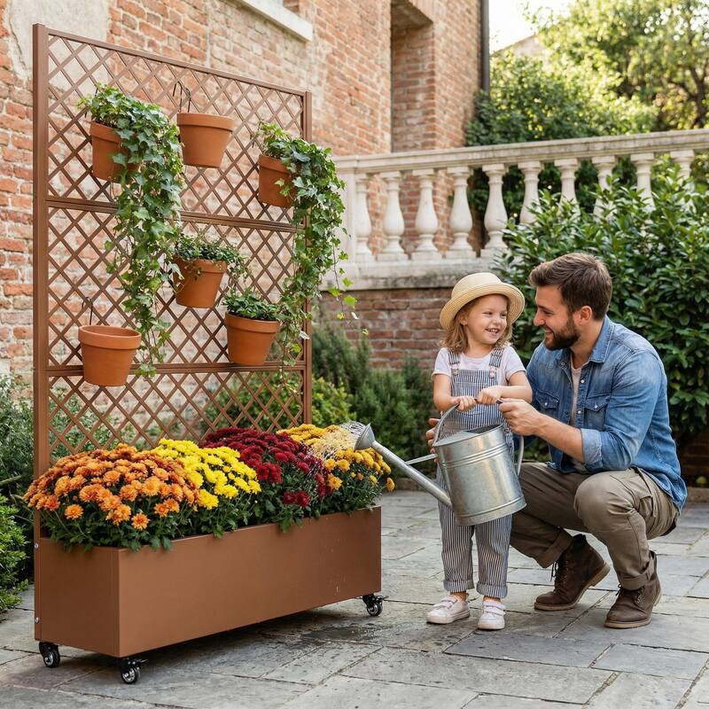 Raised Garden Bed Planter with Trellis Movable Planter Box with Lockable Wheels
