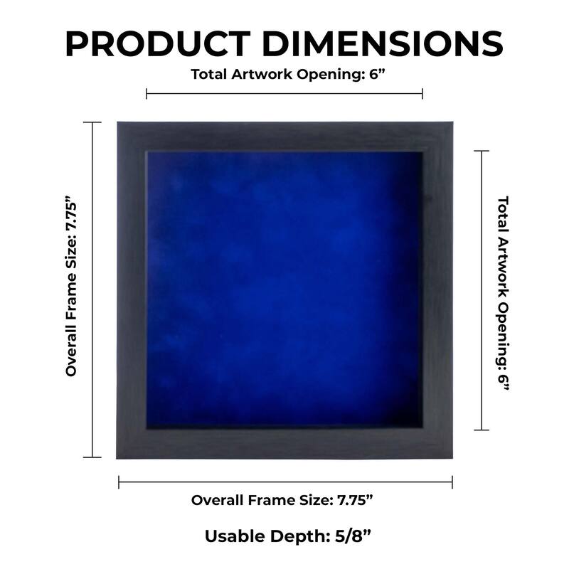 6x6 Shadow Box Frame Charcoal Gray Wood | With a 3/4" Usable Display Depth | Includes a Royal Blue Real Suede Texture Acid-Free