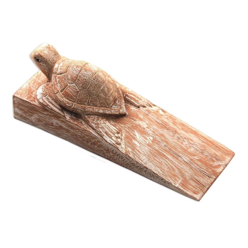 Novica Handmade Distressed Baby Turtle Wood Door Stopper - 5 cm H x 16.5 cm W x 6 cm D