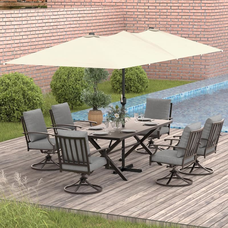 Kullavik 8 Pieces Outdoor Dining Set with 6 Swivel Chairs, X-Leg Table and Double-Sided Umbrella - Grey