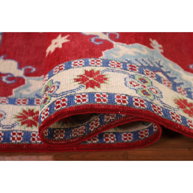 Red Kazak Rug Handmade Geometric Wool Carpet - 3'5"x 5'1"