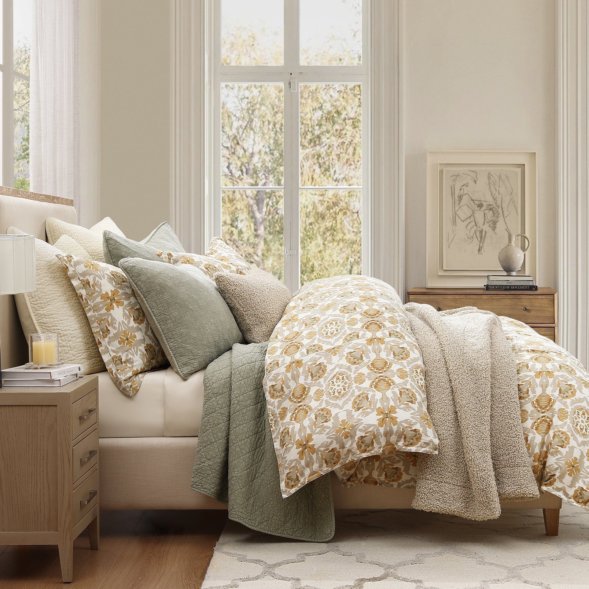 HiEnd Accents Andie Washed Linen Vintage Floral Bedding Medallion Print 3 Piece Comforter Set