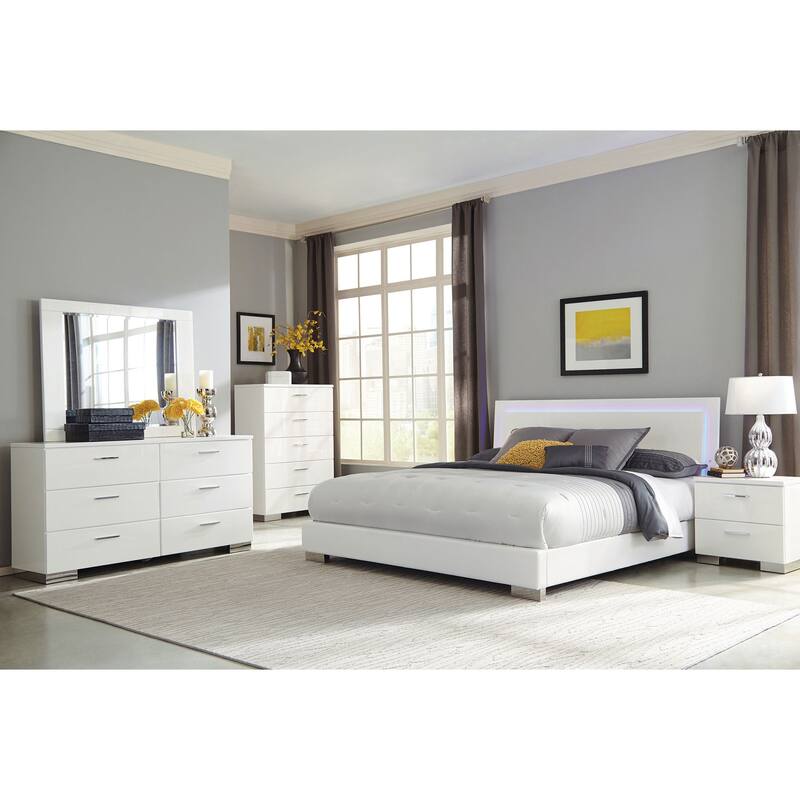 Modern White High Gloss King Panel Bed with LED Lighting