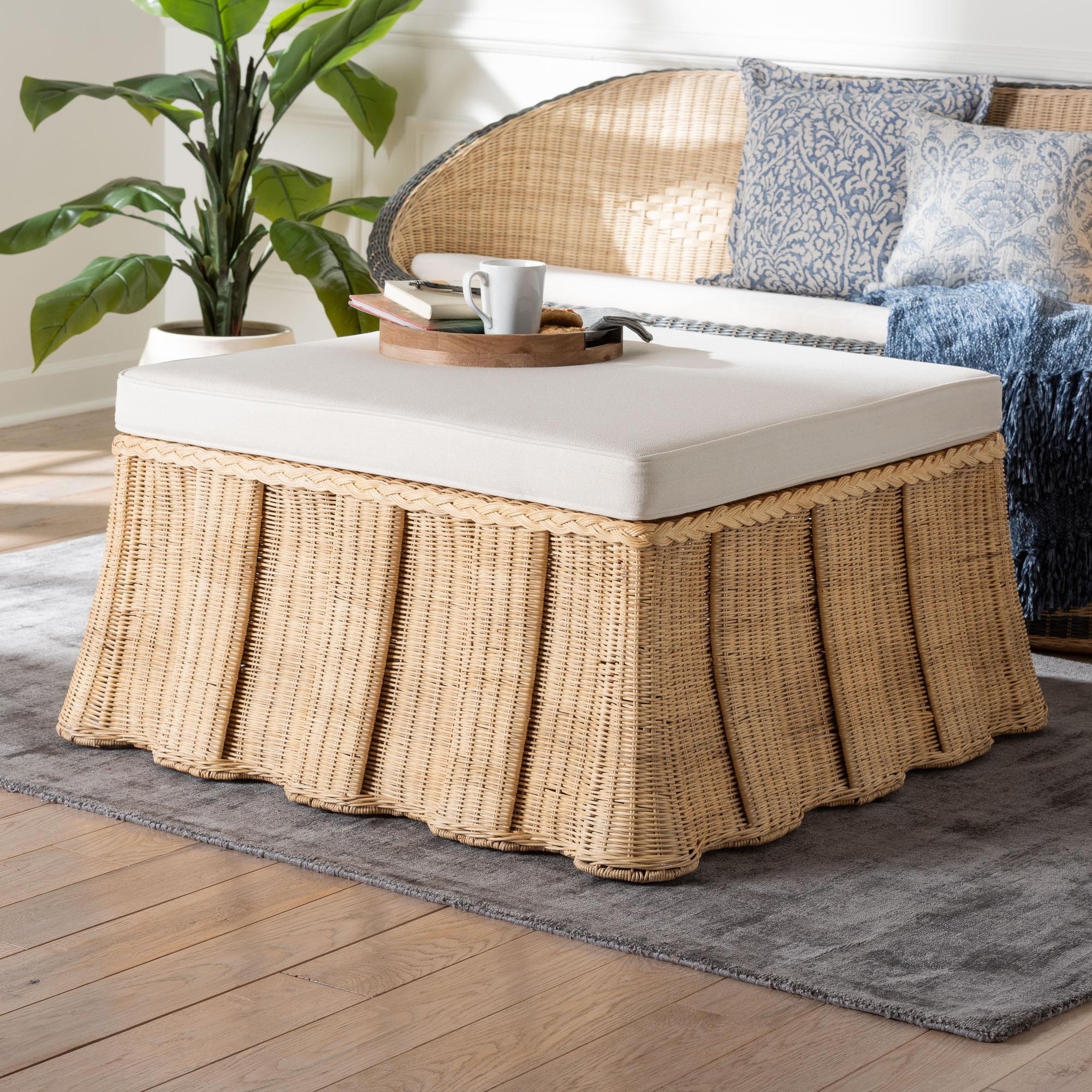 Rotem Natural Rattan Ottoman with Cushion - Handwoven Wicker