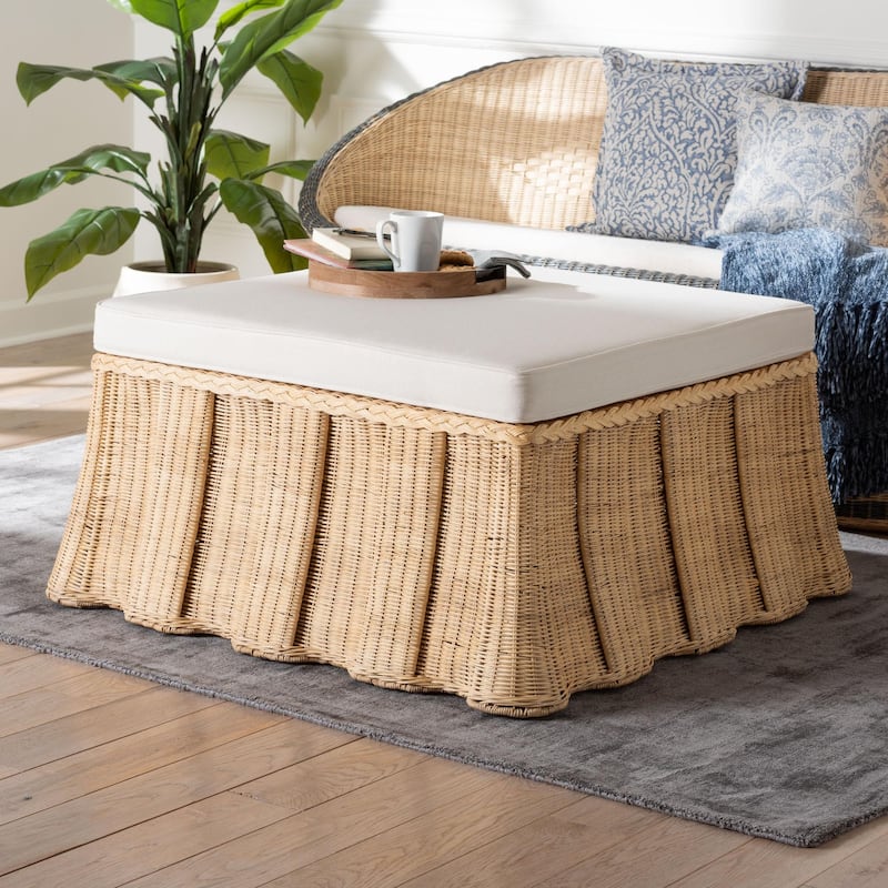 Rotem Natural Rattan Ottoman with Cushion - Handwoven Wicker Pleated Skirt Accent Coffee Table or Extra Seating for Living Room