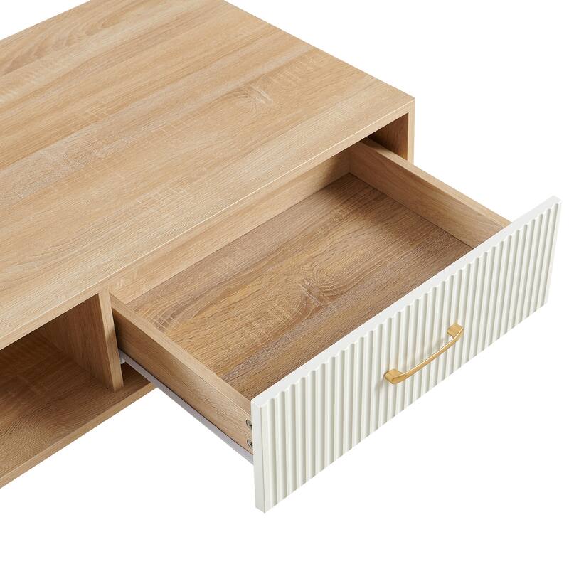 Rectangle Coffee Table with Solid Wood Legs, Sliding Drawer for Storage, Modern Table for Living Room