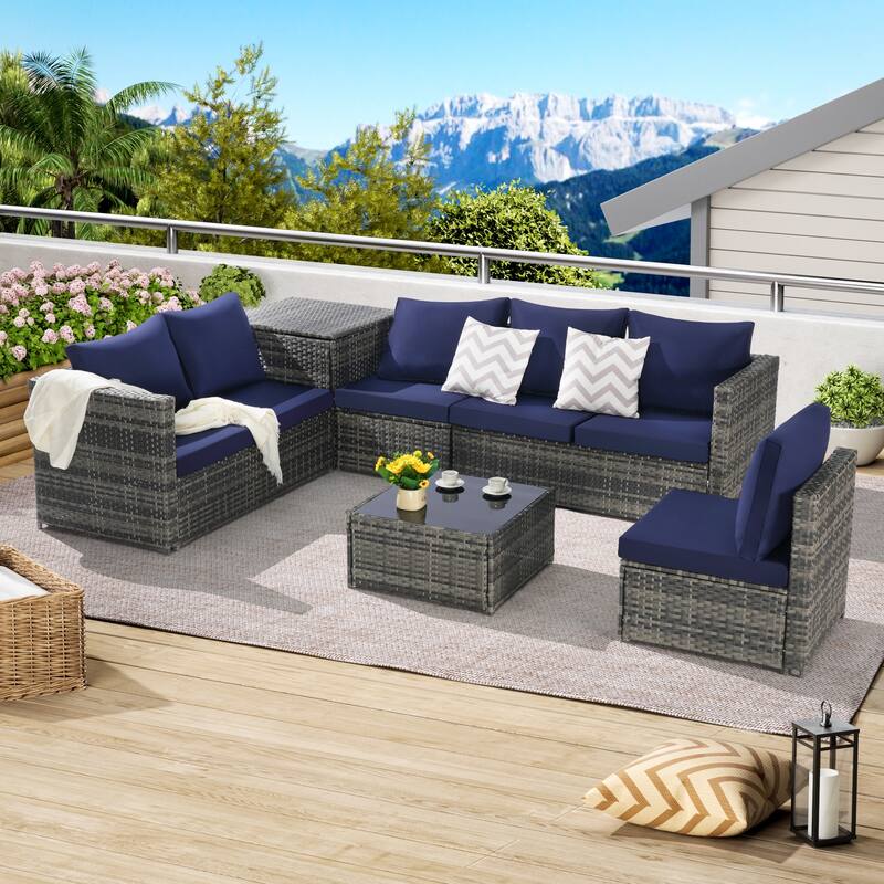 6-Piece Outdoor Wicker Sectional Patio Furniture Set with Storage Corner, and Tempered Glass Coffee Table